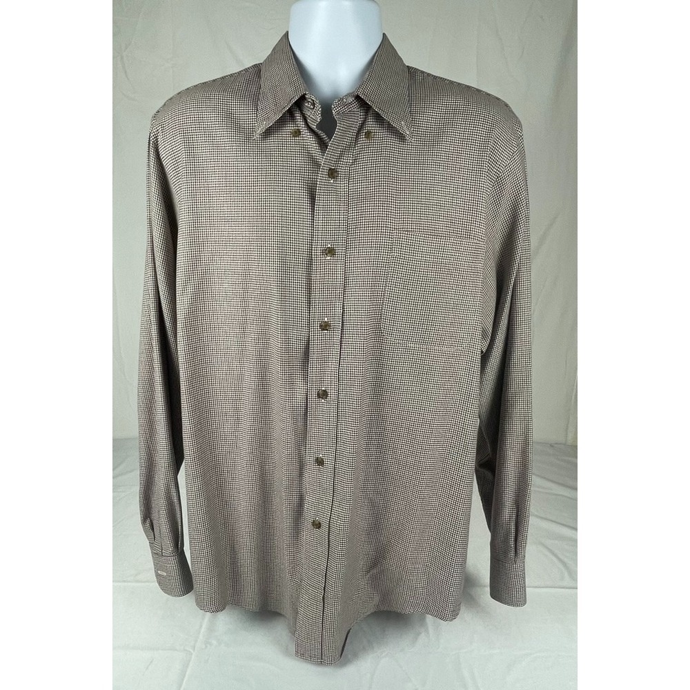 LANDS END MENS DRESS SHIRT 16-35 BROWN CHECK BUTTON DOWN IN HONG KONG COTTON